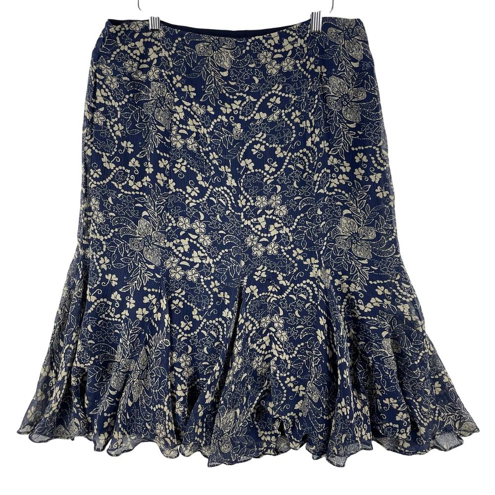 Lauren Ralph Lauren Womens 100% Silk Flared Midi Skirt Size 12 Navy Floral Lined